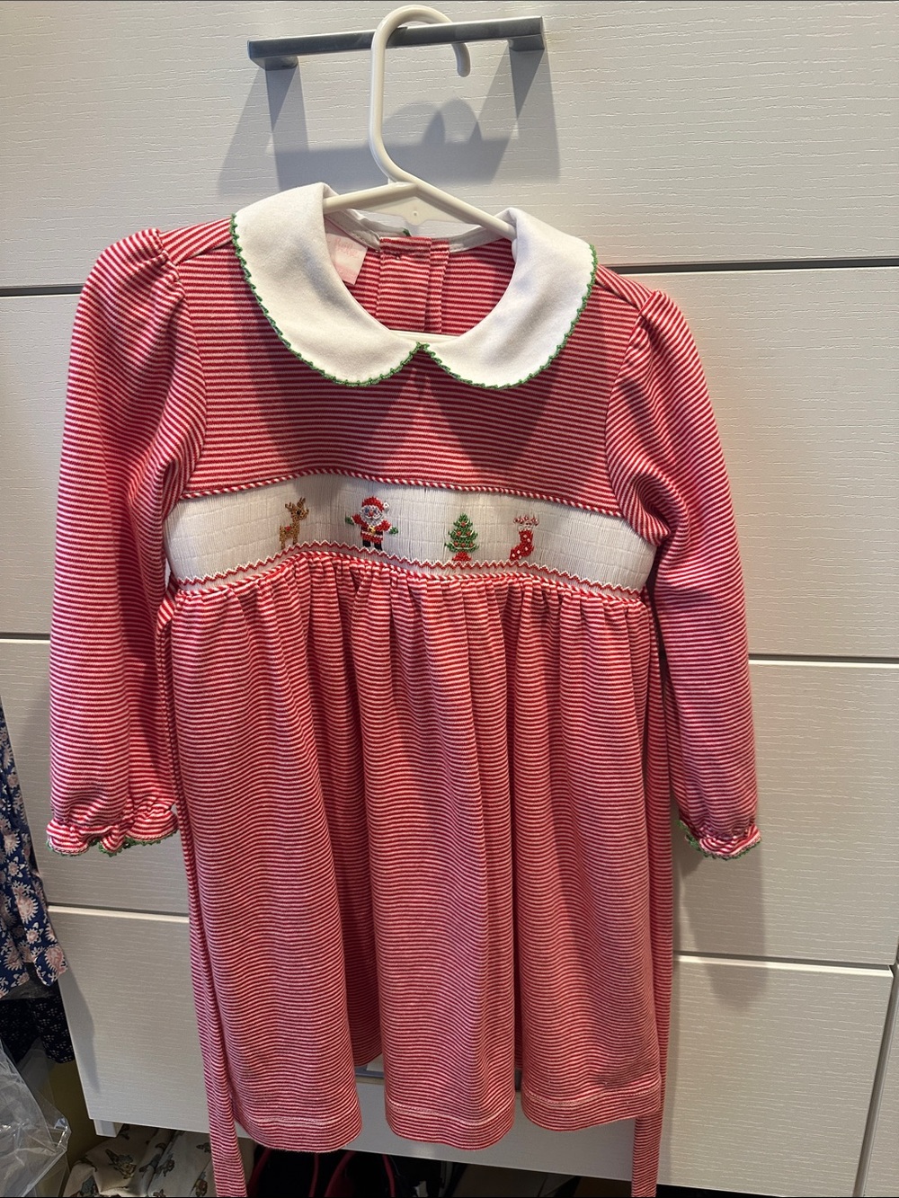 Red Striped Holiday Smocked Girls Dress with White Peter Pan Collar